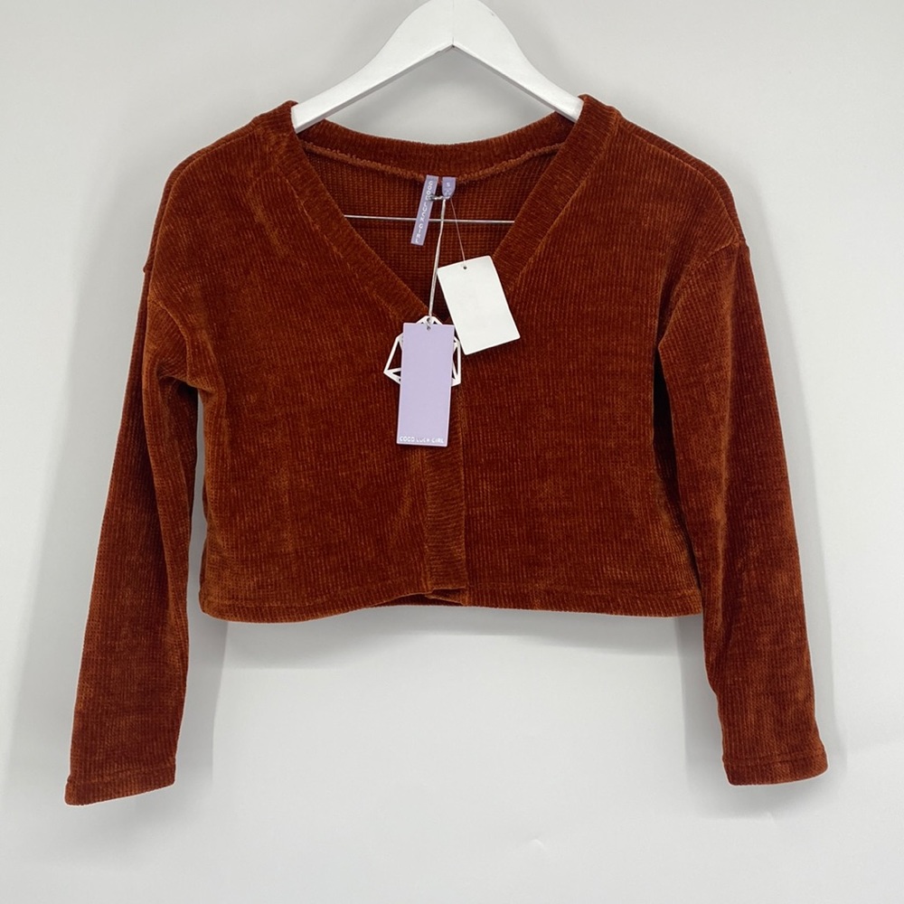 Good Luck Girl Womens Cropped Cardigan Sweater One Button Velvet Burnt Orange S